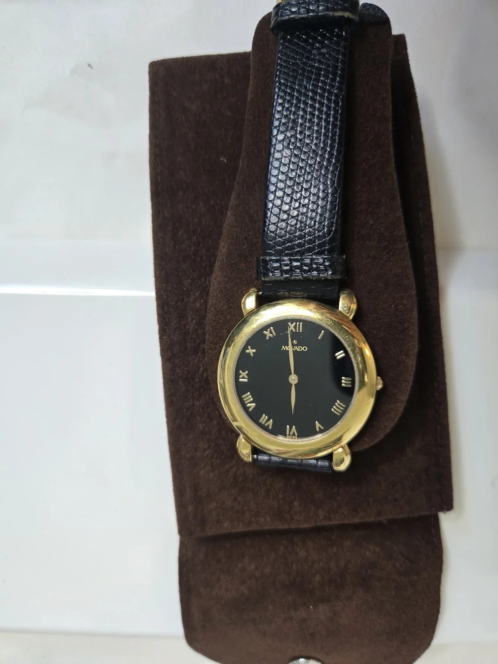 Vintage Movado Museum Roman Numeral Quartz Watch Gold Plated Case Leather Band